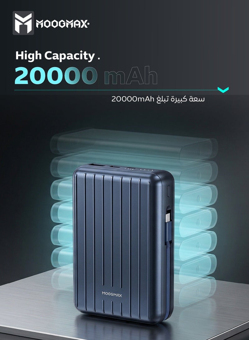 موجماكس باور بنك لاسلكي مغناطيسي من سلسلة trunk بسعة 20000mAh والجهد 22.5W فائق الشحن وكبلان مدمجان مع شحن لاسلكي بجهد 15 واط و 3 منافذ خارجية 1 Type-c و 1 Type-A ومنفذ لايتنينج(ايفون) لشحن الباوربنك. أزرق - Image 2